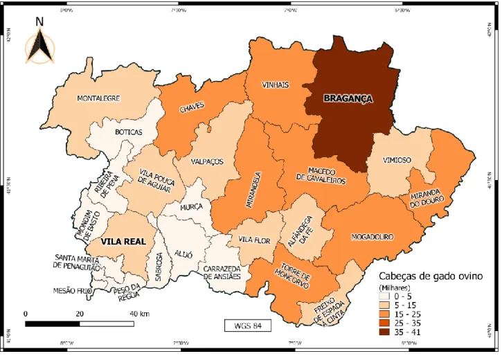 Figura 33 – Número médio de cabeças de gado ovino por município, entre 1989 e 2009 (INE, 2019).
