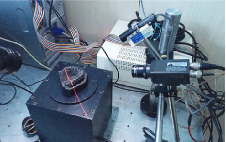 Figure 3 - Dental casts are placed on the rotor for CBP digitization. Laser  beam is irradiated onto the cast while it is rotated by the rotor.