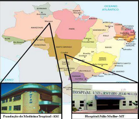 Figura  8:  Mapa  do  Brasil  evidenciando  as  áreas  de  estudo  e  os  centros  de  referência  de  atendimento  dos  pacientes