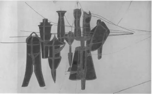 FIGURA 34  – Marcel Duchamp – Nove Moldes Machos – 1914/15 – 66 x 101,2 cm – óleo, fio e folha de  chumbo/duas placas de vidro 