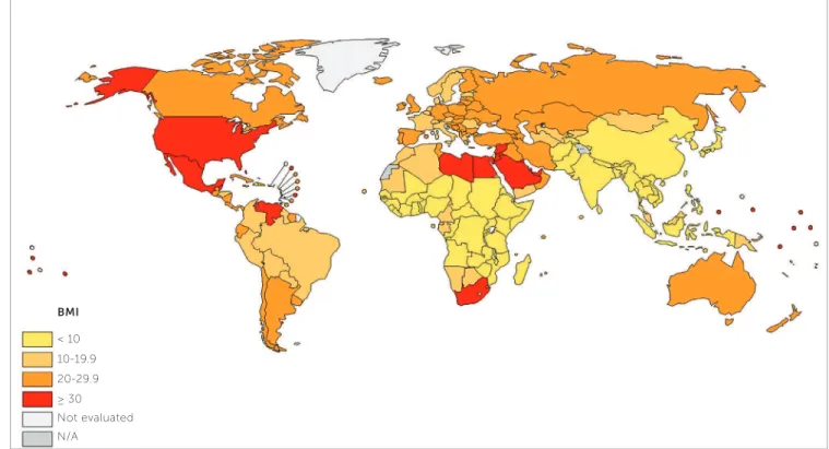 Figure 1 - Worldwide distribution of the percentage of obese population with BMI above 30 (source: WHO data 5,11,12  in 2014).