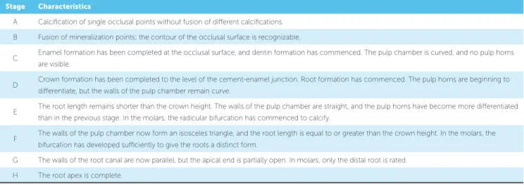 Table 2 - Dental calcification stages using the Demirjian Index method. 27