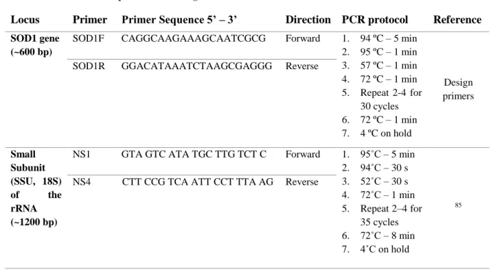 Table 2.2 - Primer and PCR protocols of SOD1 gene and small subunit of rRNA 