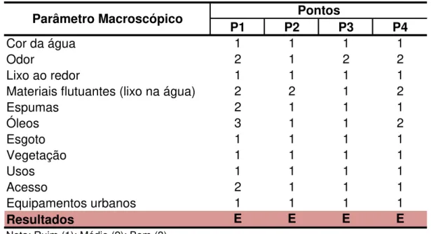 Tabela  7.1  – Resultados amostrados para cada ponto de observação em campo  – 06 de  julho de 2010