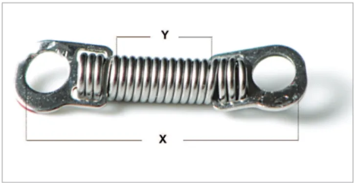 Figure 1 - Nickel-titanium closed coil spring, the X dimension corresponds to  the total length of the spring and the Y dimension corresponds to the length  of the nickel-titanium portion.