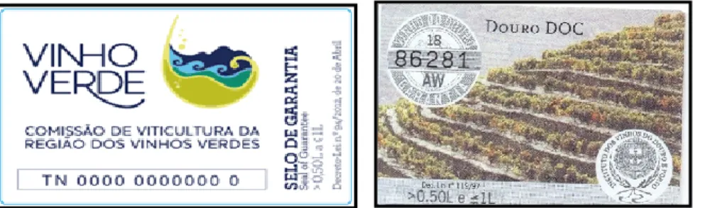 Figura 1: Selos de garantia (de qualidade) para Vinhos Verdes e Vinhos do Douro  Fonte: Vinho Verde (2016) e Snooth (2016)  