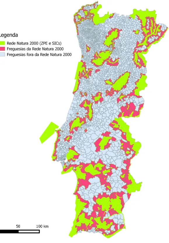 Figura 2.1.: Rede Natura 2000 – Freguesias e Rede Natura 2000 em Portugal Continental 
