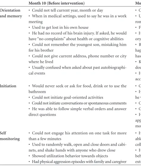 Table 2. Functional Assessment pre and post intervention, accomplished through clinical interviews and behavioural observation.