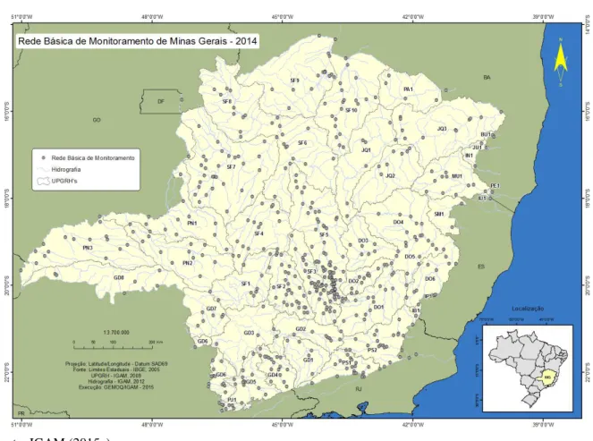 Figura 3.1. Pontos de monitoramento de qualidade da água superficial da rede básica em operação, no  ano de 2014
