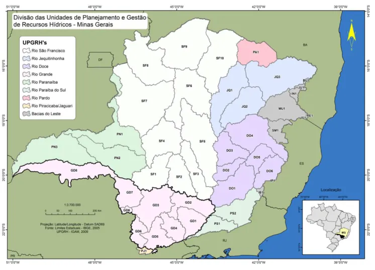 Figura 4.1. Localização geográfica e Unidades de Planejamento e Gestão de Recursos Hídricos da porção mineira da bacia do rio Grande