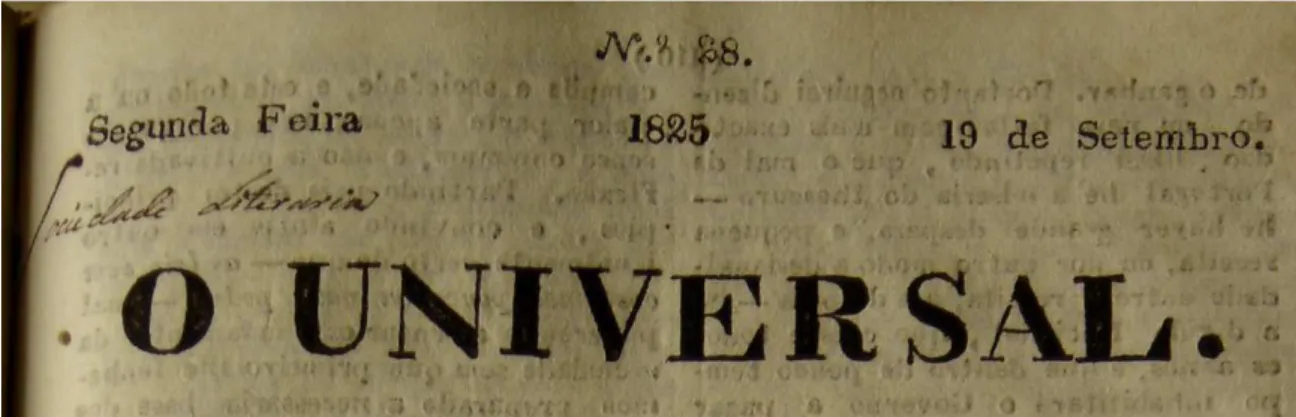 Figura 8:  Frontispício de O Universal com a referência manuscrita à “Sociedade Literária”