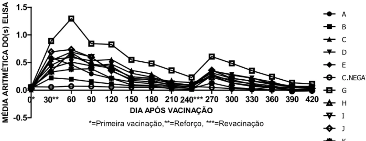 Gráfico 22 : Níveis de IgG determinados pelo ELISA com a amostra Hardjoprajitino após a vacinação em bovinos de todos os grupos.