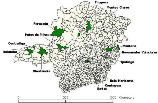 FIGURA 5  – Mapa de Minas Gerais - em destaque os 13 municípios que 