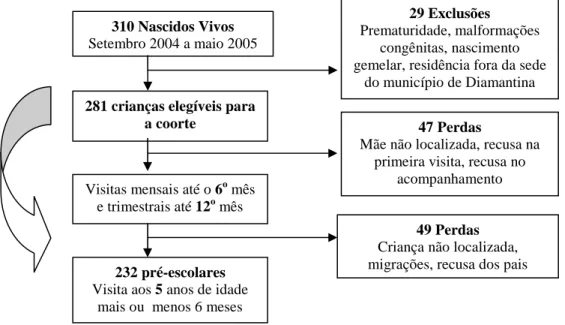 Figura  1  –  Fluxograma  da  formação  da  coorte  e  da  logística  do acompanhamento  das  crianças até os cinco anos de idade