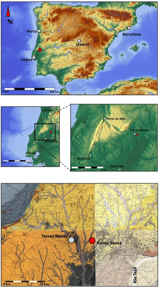 Figura 1 – Localização do sítio da Fonte Santa (a vermelho) no contexto da Península Ibérica (em cima) e  no contexto geológico envolvente (em baixo; adaptado da Carta Geológica de Portugal: 1/50.000)