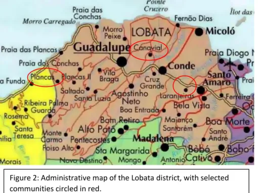 Figure 2: Administrative map of the Lobata district, with selected  communities circled in red
