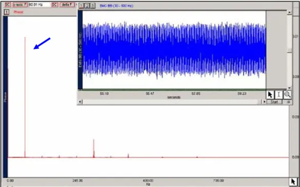 Figura 4. Ilustração do sinal bruto (em azul) e de seu respectivo espectro (em vermelho) que foram  descartados por haver ruído na faixa de 60 Hz observado na faixa espectral