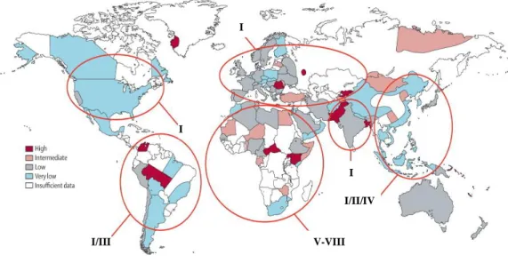 Figura  1.4:  Prevalência  mundial  do  HDV  e  distribuição  geográfica  dos  genótipos