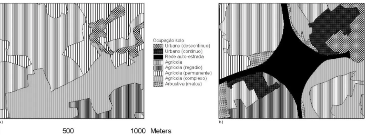 Figura 1: A evolução temporal (a-b) da ocupação do solo numa amostra da área metropolitana  de Lisboa