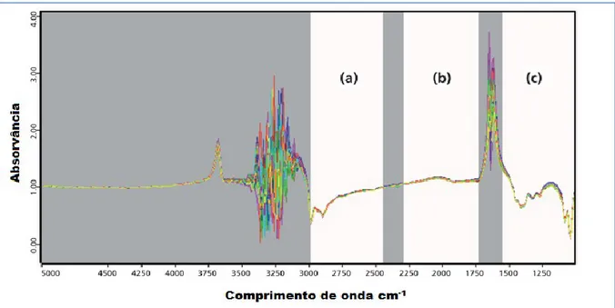 Figura  6  –  Exemplo  de  espectros  FT-MIR  de  vinhos  tintos.  Os  três  intervalos  a  branco  mostram  as  frequências  geralmente  considerados  para  cálculo:  (a)  2970–2435  cm -1 ,  (b)  2280–1715 cm -1 , e  (c) 1545–965 cm -1  (região de “impre