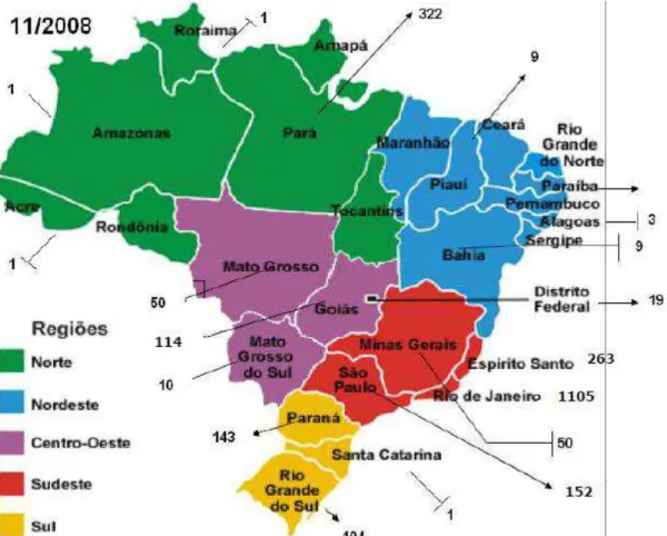 Figura 1. Notificação por Estado de infecções por  Mycobacterium spp. de crescimento rápido  no Brasil