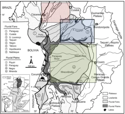 Figura 4.2. Sistemas aluviais e deposicionais da Planície do Pantanal, com destaque aos  sistemas deposicionais do rio Taquari (abaixo), São Lourenço (intermediário) e Cuiabá 