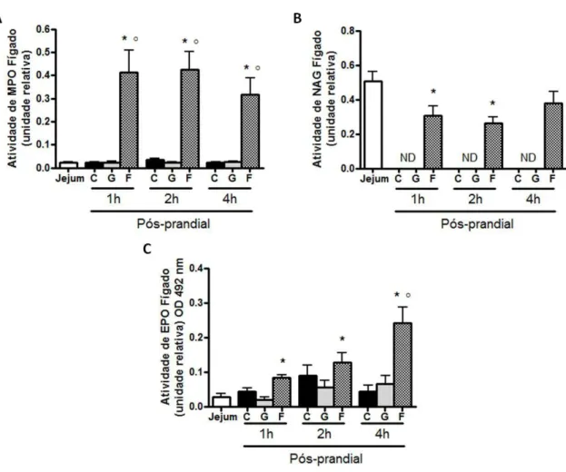 Figura 8 - Atividade das enzimas MPO, NAG e EPO no fígado de animais em jejum e uma, duas e  quatro  horas  pós-prandiais