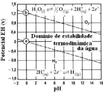 FIGURA 2.10  – Diagrama de Pourbaix para a água a 25°C e 1 atm. Fonte: ASM Handbook, 2003 - modificada