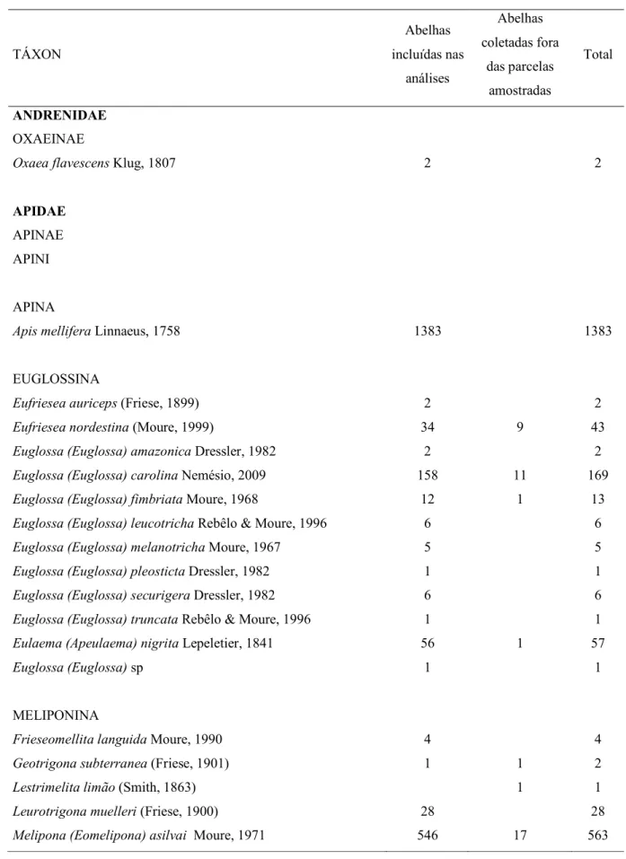 Tabela 1. Abundância absoluta de espécies de abelhas coletadas nos Parques. 