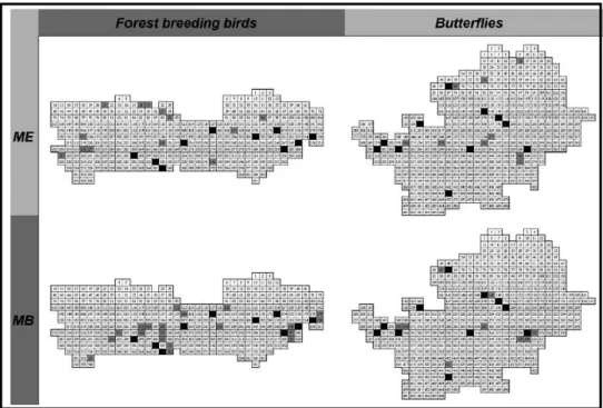 Fig. 3  – Selected grid cells under two tested models (MS: minimum set; MB: mandatory-based) applied over the forest  breeding birds’ and butterflies’ data sets