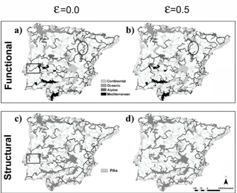 Fig. 4  Map of efficient linkages for Iberian Peninsula protected areas using a threshold on the human footprint index ( H =50)