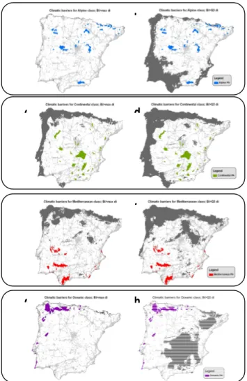 Fig. S3.1  Map of climatic barriers (grey areas) for each climatic class (continental, oceanic, alpine and Mediterranean) for the  Iberian Peninsula protected areas using a variation of the node-weighted MST problem with H=50 a) and b) continental climate 