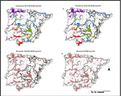 Fig. S4.2. Map of efficient linkages for Iberian Peninsula protected areas using a variation of the node-weighted MST problem with H=50 and a  30km distance between protected areas defining sets requiring connectivity