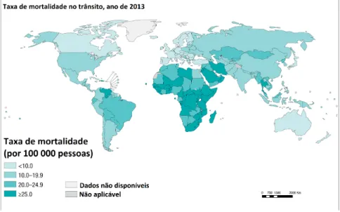 Figura 1.2: Taxa de mortalidade no trânsito no ano de 2013. Adaptado de: World Health Orga- Orga-nization (2018b).