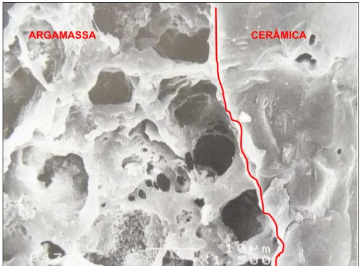 Figura 4.11 - Filme polimérico formado com pós redispersíveis (polímeros), construindo uma  “ponte adesiva” entre argamassa cimentícia (lado esquerdo) e a cerâmica (azulejo de 