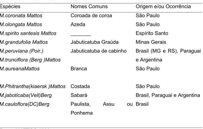 Tabela 1. Principais espécies de jabuticabeiras, seus nomes comuns e origens. 