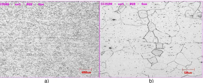 Figura 5.1: Micrografia da bobina laminada a quente: a) espessura completa; b)  região central