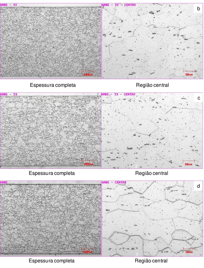 Figura 5.3: Micrografias da BF recozida com taxa de 0,10ºC/s: a) retirada em 780ºC; b)  retirada em 830ºC; c) retirada em 880ºC; d) retirada após encharque de 24s