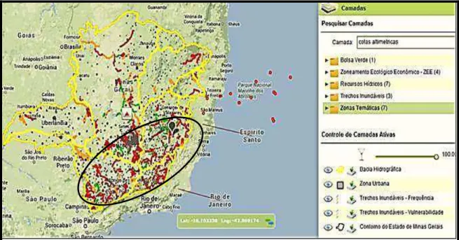 Figura  14  -  Mapa  de  identificação  dos  trechos  de  corpos  d’água  inundáveis  em  Minas Gerais, sudeste do estado delimitado pela elipse (Fonte: SEMAD, disponível  em; http://geosisemanet.meioambiente.mg.gov.br/#) 