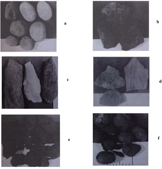Figura 3.2 Forma e textura da superfície de partículas de agregado graúdo: (a) seixo  arredondado e liso rolado; (b) rocha britada, equidimensional; (c) rocha britada,  alongada; (d) rocha britada chata; (e) agregado leve, anguloso e rugoso; (f) agregado 