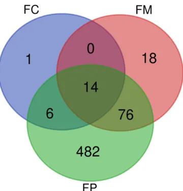 Figura 11: Diagrama de Venn das proteínas de Plasmodium falciparum identificadas nas frações FC  (Fração Citoplasmática), FM (Fração Membranar) e FP (Fração Parasitária)