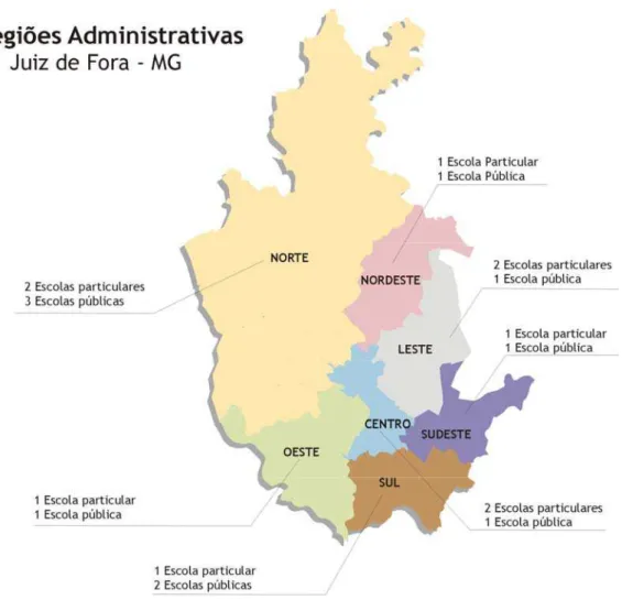 FIGURA 6 – Mapa do município de Juiz de Fora – MG com suas regiões administrativas  e o número de escolas particulares e públicas em cada região