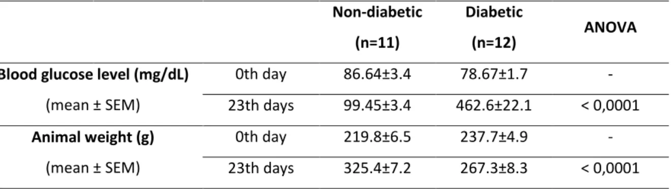 Table 1. Blood  glucose level and animal weight  in non-diabetic and diabetic rats during the  study