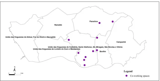 Figure 1 – Co-working spaces in Porto (January, 2017) 