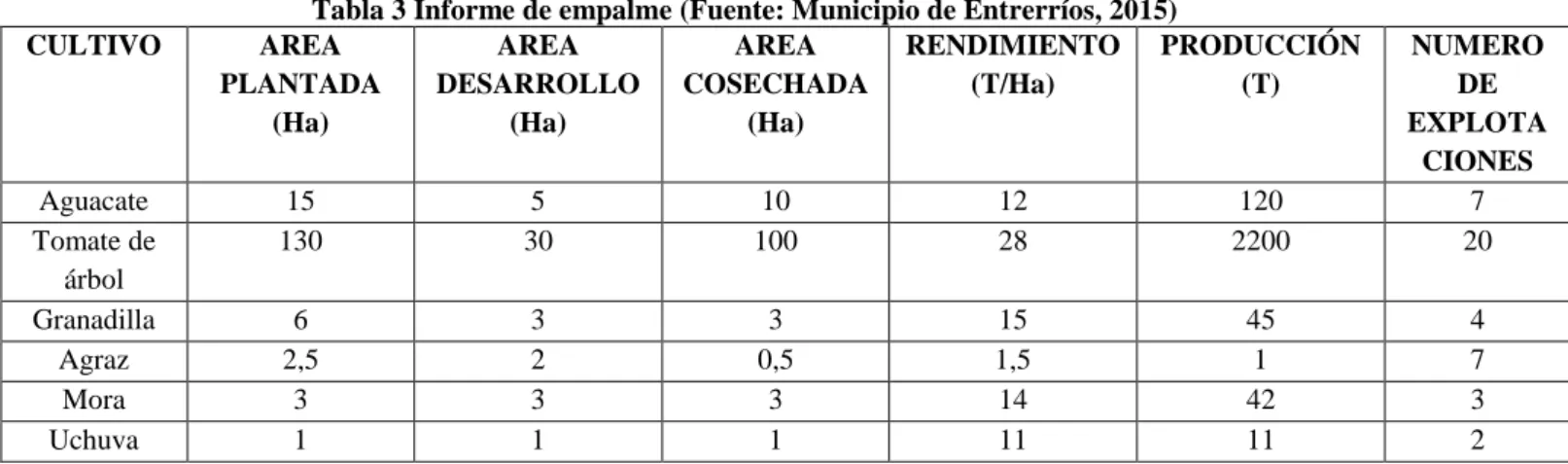 Tabla 3 Informe de empalme (Fuente: Municipio de Entrerríos, 2015) 