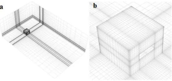Figure 13 Computational grid (443,580): (a) Perspective of the inlet, bottom, side and building of the computational  domain; (a) Perspective view of the building and ground surface grid