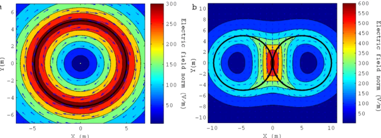 Figure 1.2.2.2: Norm of the primary component of the electric field induced by a circular coil (a) and by a  figure-8 coil (b)