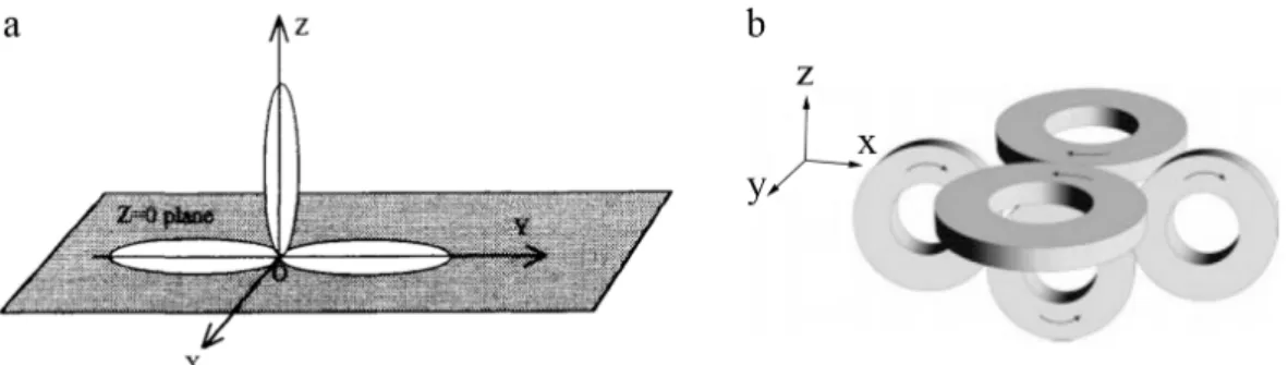 Figure 2.1.3: Schematic drawings of two coils designed to improve the field’s focality: a slinky coil with  three turns (a) and the 3D differential coil (b)