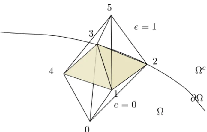 Figure 3.3: Four elements with shared facets belonging to the tessellated surface ∂Ω (shaded).