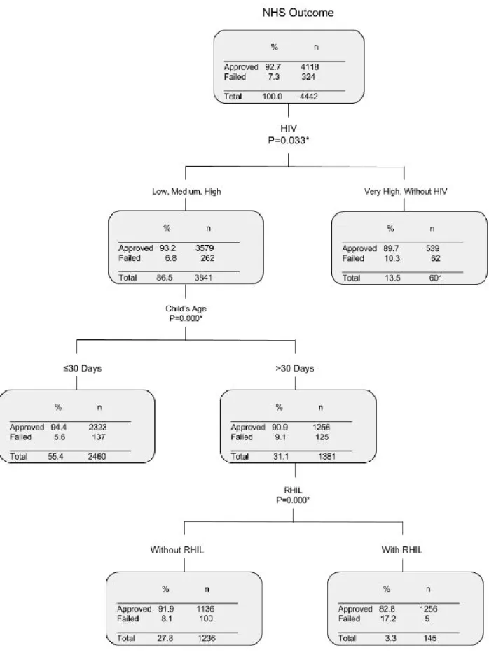 Figure 2. Multivariate analysis by tree decision: study of the correlation between the NHS outcome and the explicative variables, Belo Horizonte,  2010-2011